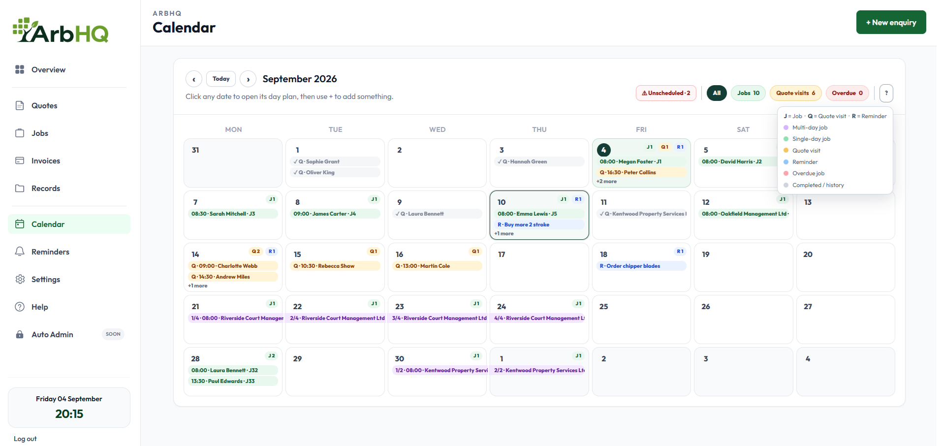 ArbHQ Calendar showing jobs, quote visits and reminders across a month