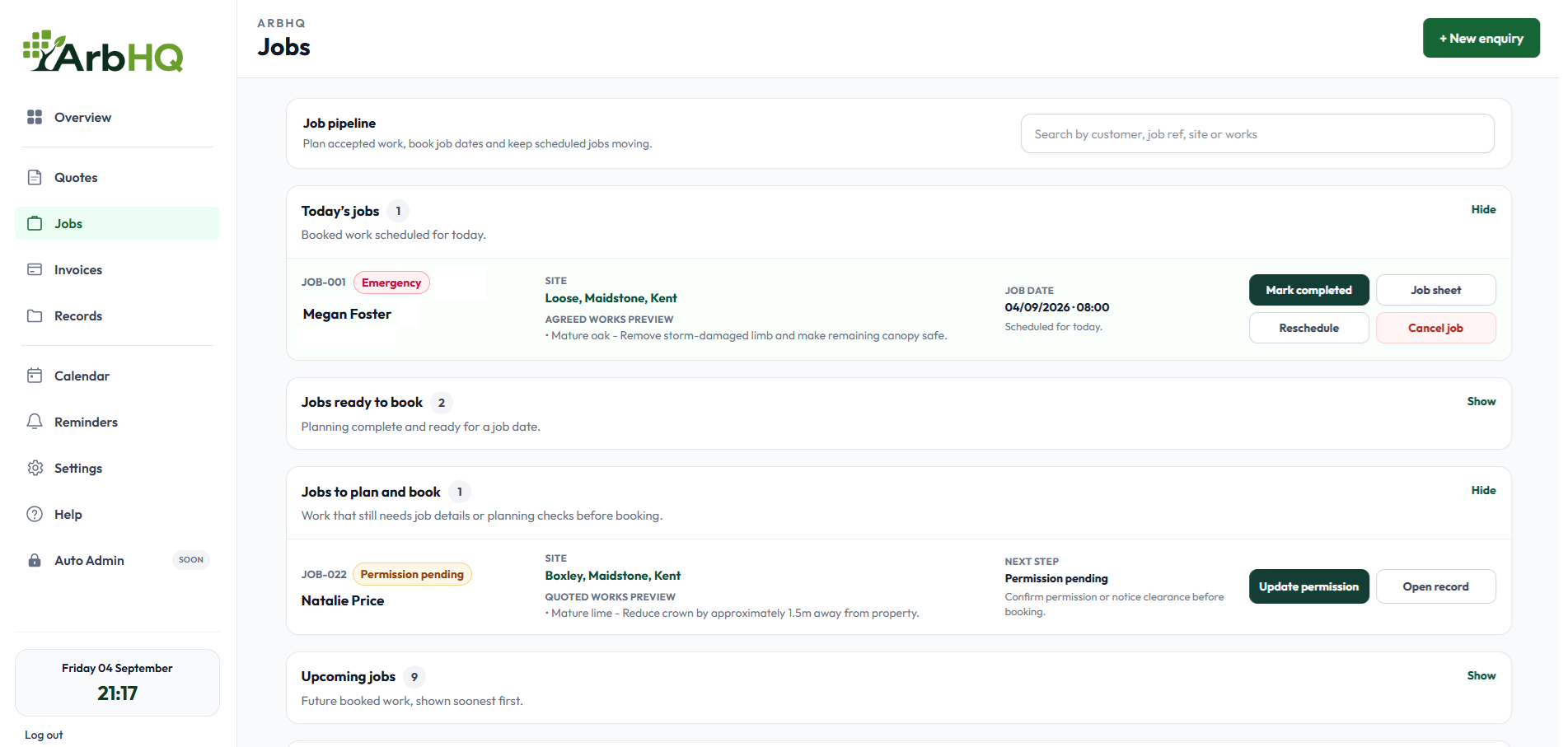 ArbHQ Jobs page showing today's work, jobs ready to book and planning actions